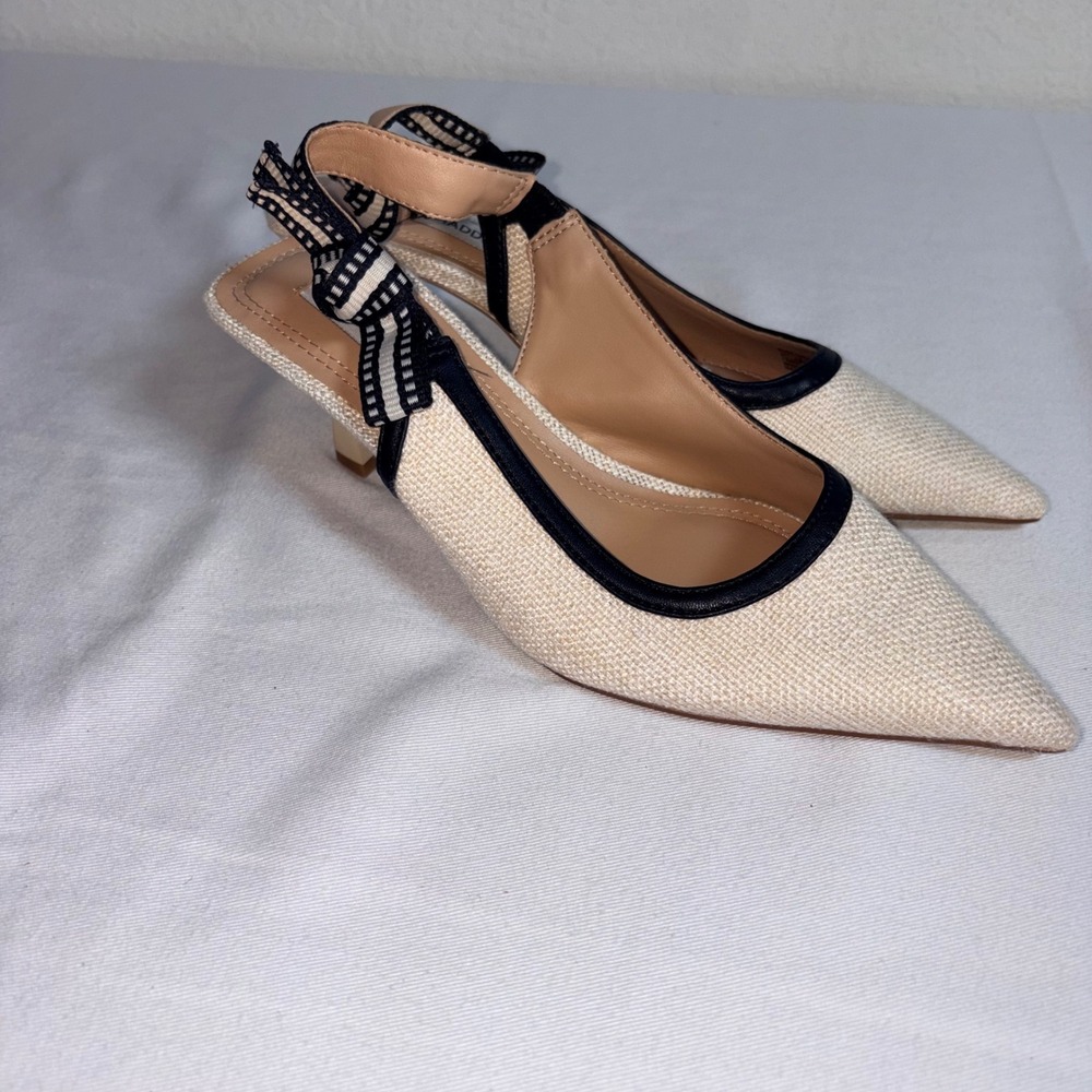 Steve Madden Rodes Slingback Heels 8.5M Cream Black Pointed Toe Kitten Pump